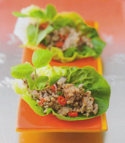 picture of Crisp pork in lettuce cups with chilli lime sauce
 Asian